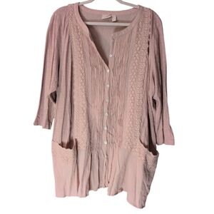 LOGO Lavish Lori Goldstein slub knit top Swiss dot lace size 2X blush boho flaw